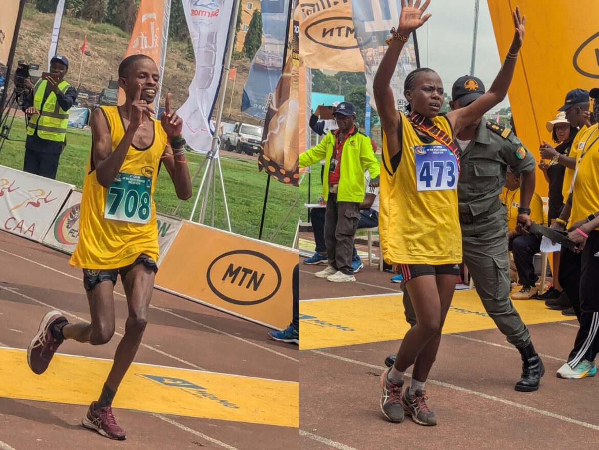 Hamadou Bi Ibrahim and Wirba Mary Grace cross the finish line as champions